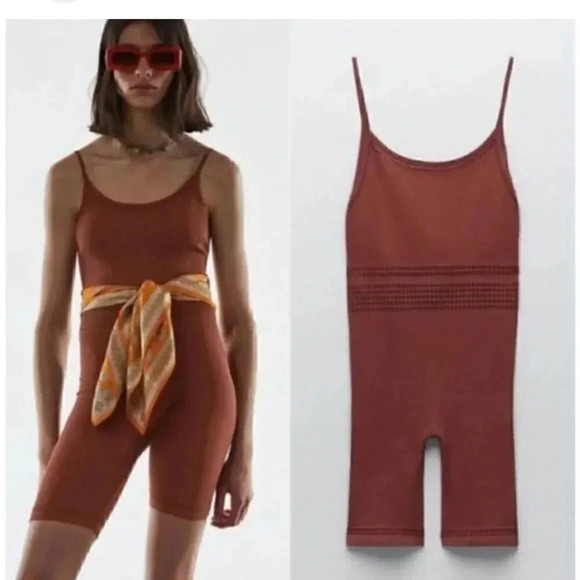 Zara Rust SEAMLESS OPENWORK SHORT JUMPSUIT SZ XS #1699 - Picture 1 of 12